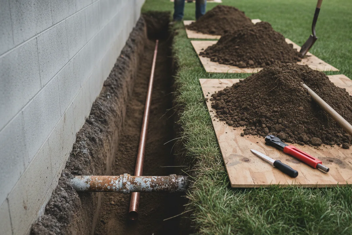 Excavated water line trench during Sewer Line Repair in Marengo